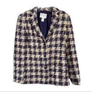 Oscar De La Renta Purple Cream Tweed Herringbone Plaid Wool Mohair Blazer Sz 12